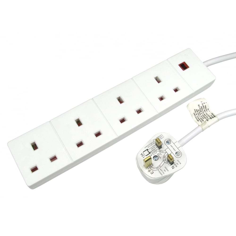 Mains Powered Extending Plug Lead Extension 2 metre 4 SOCKET / GANG 13 Amp UK