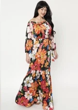 Unique Vintage NWT Black & Orange Floral Print Sweet Escape Maxi Dress - X Large