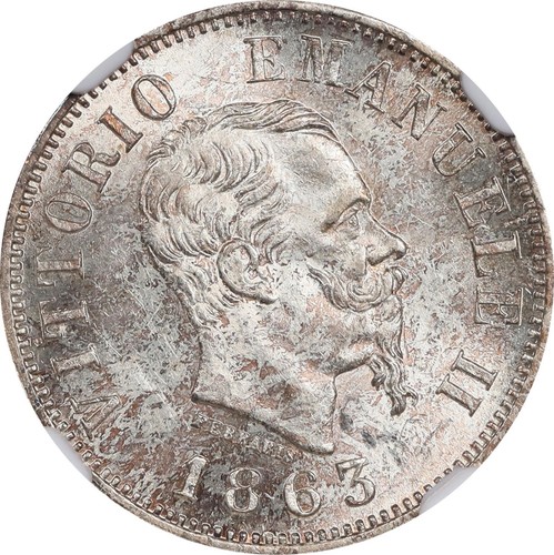 ITALY KINGDOM VITTORIO EMANUELE II 1863-T-BN 50 CENTESIMI SILVER COIN, NGC MS64