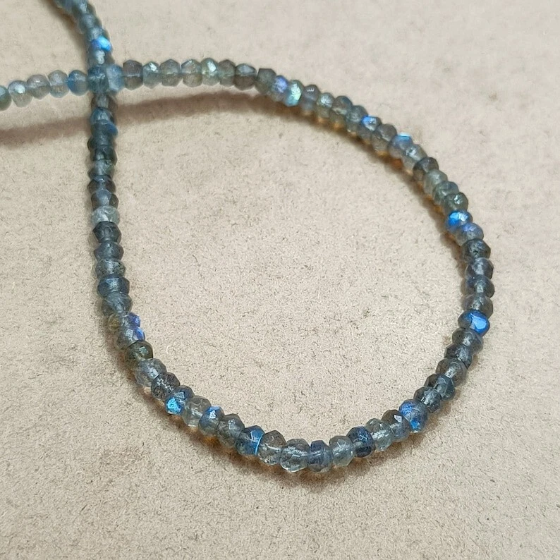 Natural Blue Flashy Labradorite Faceted Rondelle 4MM Gemstone Beads Necklace 18" - Image 2 of 4