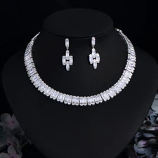 White Gold Plated CZ Long Rectangle Costume Necklace Earrings Bridal Jewelry Set