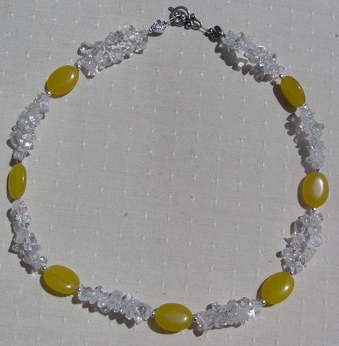 SALE - Clear Quartz & Yellow Jade Gemstone Chunky Statement Beaded Necklace - Picture 5 of 7