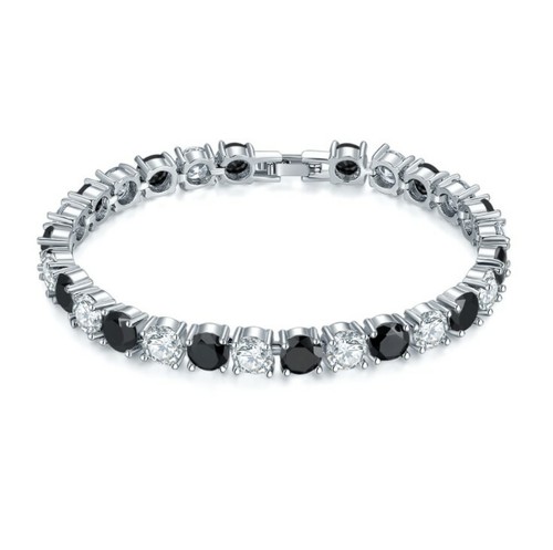 Round Cut Natural Black Onyx White Topaz Gems Silver Charm Chain Bracelets - Afbeelding 1 van 6