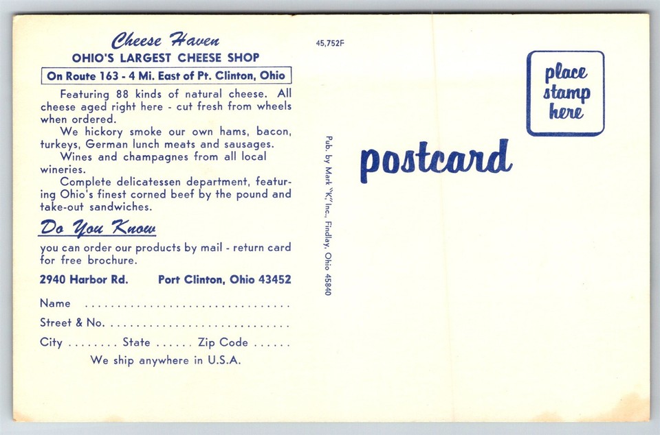 Cheese Haven Ohio's Largest Cheese Shop Port Clinton Ohio Postcard K23