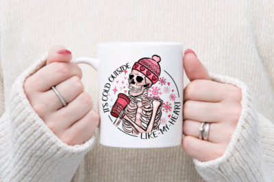 Cold Outside Like My Heart Tasse Valentinstag Winter Skelett dunkler Humor lustig