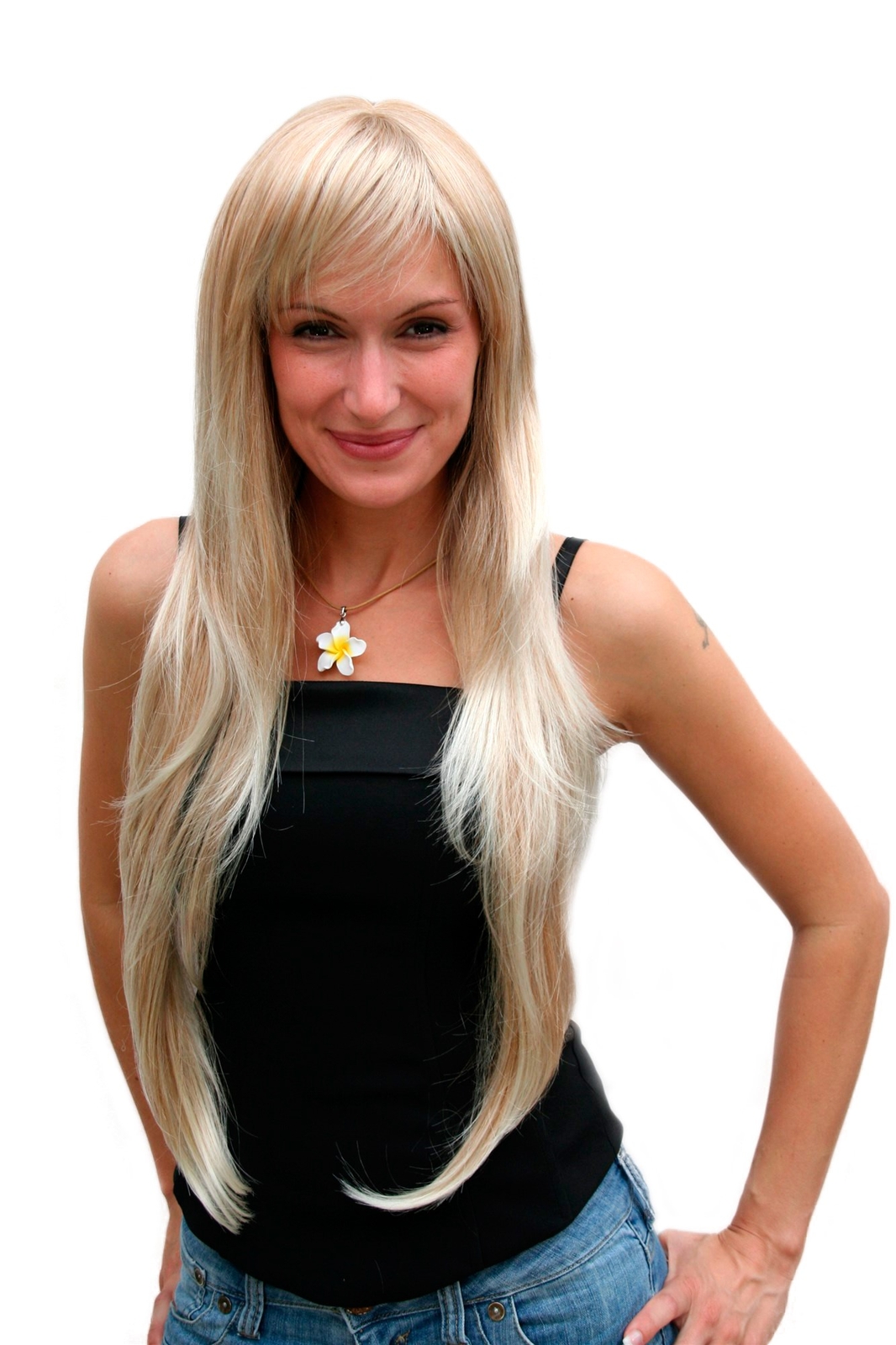 Wig Women Long Wavy Layered Bangs Blonde Highlights 80