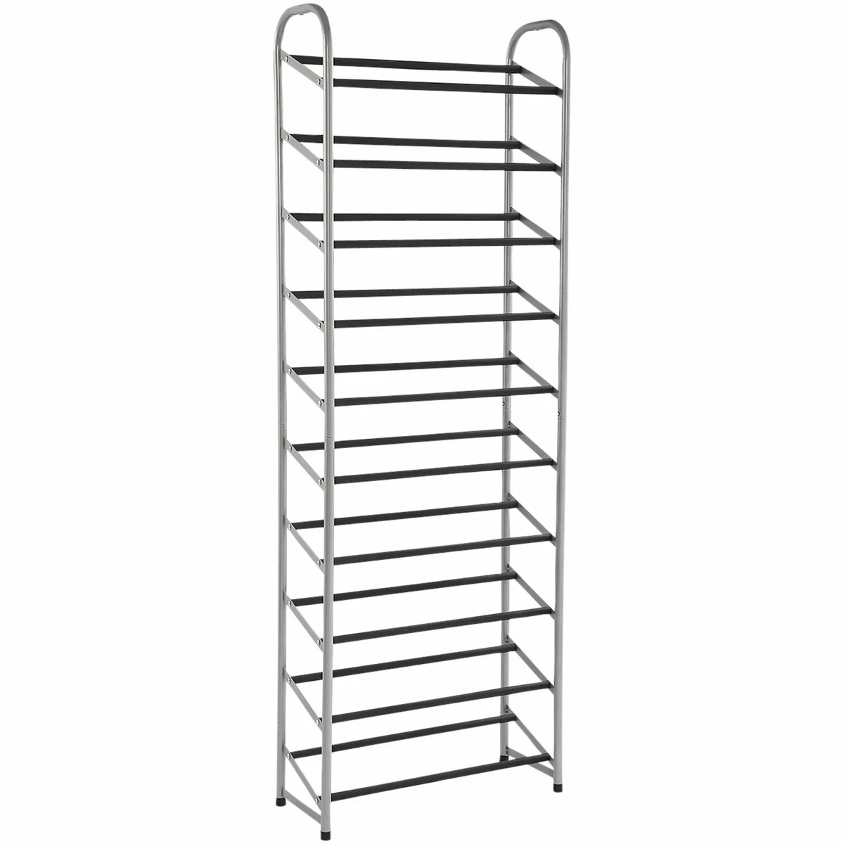 MAINSTAYS 10 TIER NARROW SHOE RACK POWDER COATED BLACK SILVER DISTRESSED PKG
