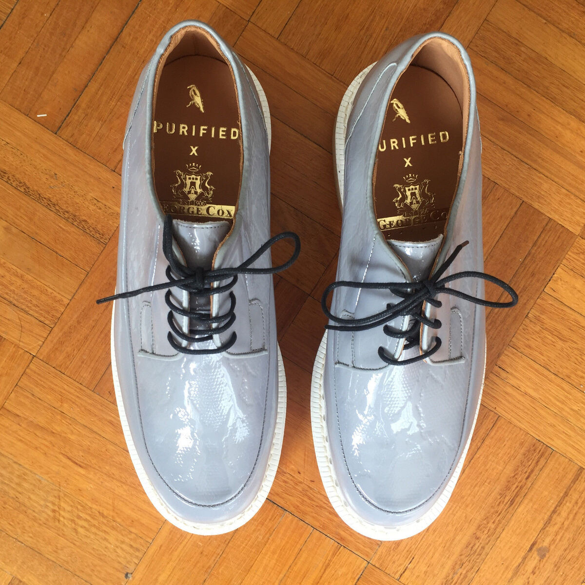 Purified X George Cox = Patent Leather Python Print Creeper Shoes in Grey