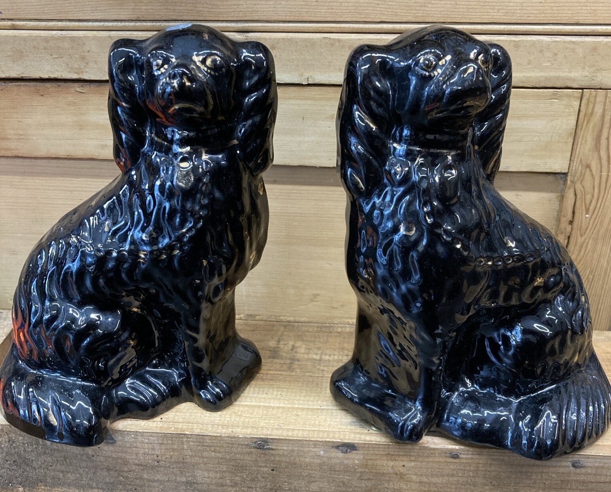 Pair Antique Jackfield Pottery Black Fireside Dogs Pot Dogs