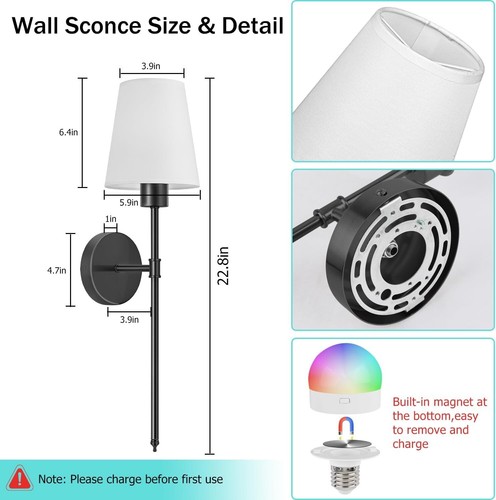 Battery Operated Wall Sconces Set of 2, Black Rechargeable Wall Lights 2500mAh - Picture 8 of 9