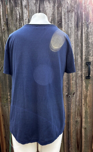 T-shirt Solutions ricamata top L blu navy maniche corte collo scoop era nativa azteca - Foto 4 di 13