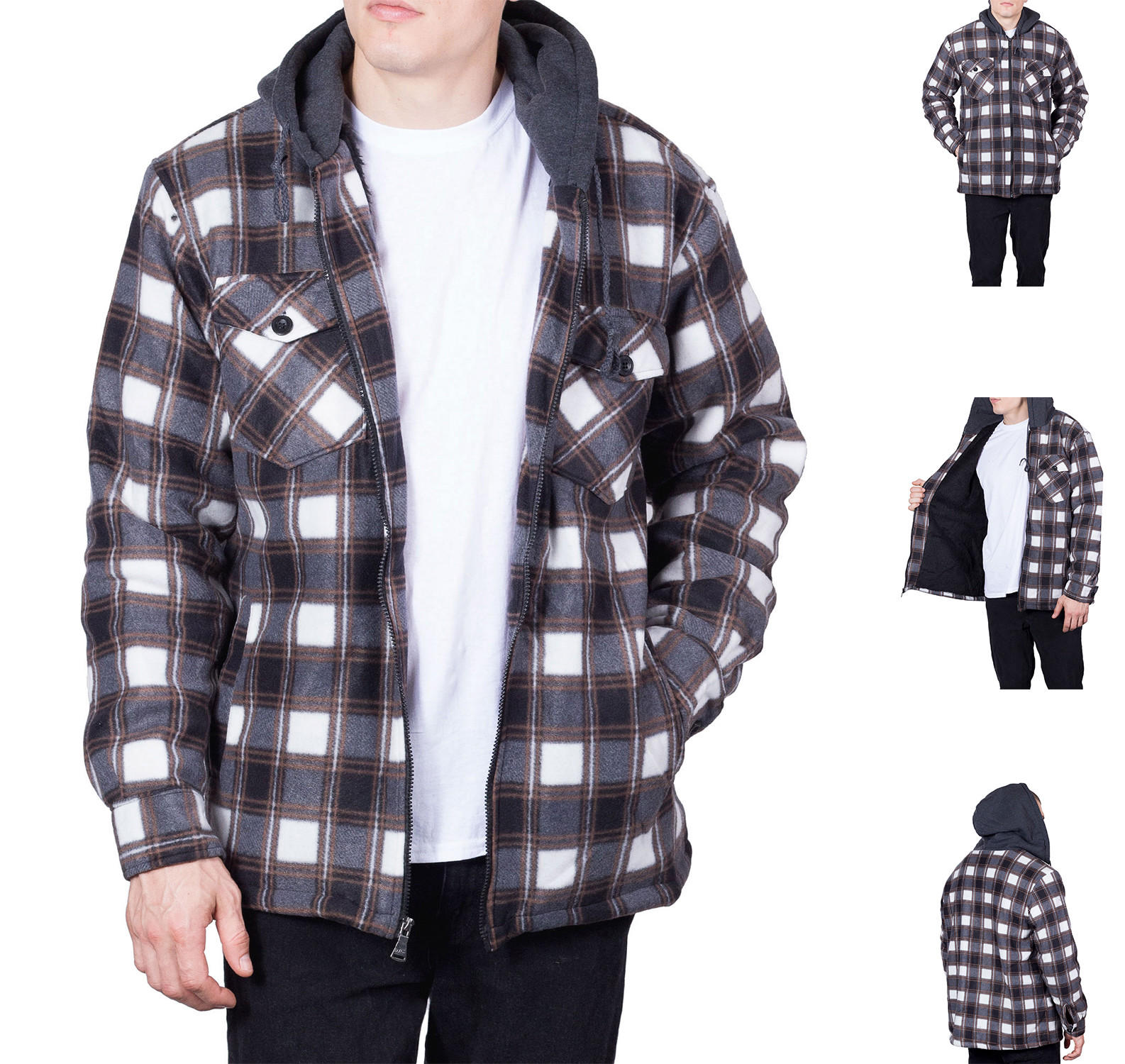 Mens Flannel Jacket Hoodie Heavy Sherpa 