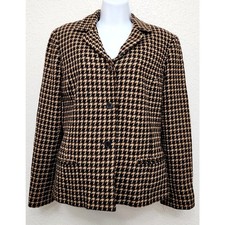 VTG Liz Claiborne Brown Tan Hounds Tooth Lined Blazer 14 Petite Lightweight