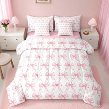 Cute Pink Bow 7-Piece Comforter Set for Kids Teens - Full Size Bed in a Bag
