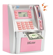 Kids Talking Pink ATM Piggy Bank with Debit Cards, Power-Off Memory, Auto-Ope...