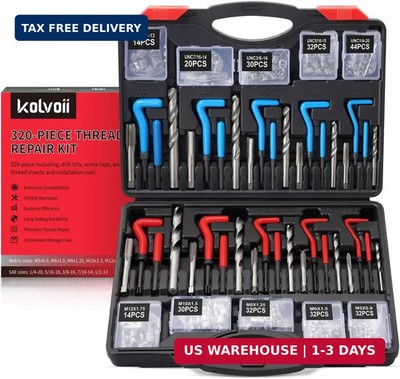 Kolvoii Helicoil Thread Repair Kit 320-Piece, Metric & SAE HSS Drill Bits Tap Se