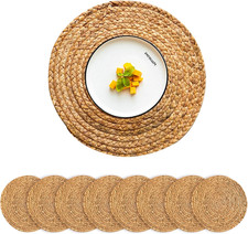 Round Placemats Set of 8 Natural Woven Rattan Placemats, Braided Boho Farmhouse