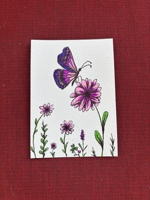 ACEO Original, Abstract Butterfly Flower Garden Pink, Watercolor. Emberandpaint