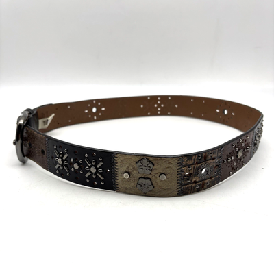 Vintage 00s Y2K Fossil Studs Grommet Mixed Media Patchwork Leather Belt M 33-37\