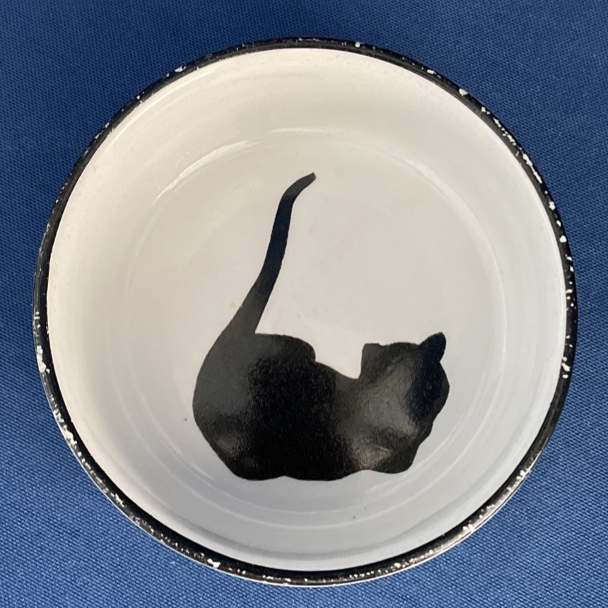 Cat Bowl Stoneware Dish Feeder Water White Black 4.25” Kitten Food Spot Brand