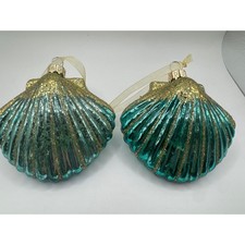 Coastal Glass Seashell Christmas Ornaments Teal Gold Glitter Set of 2 4in