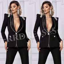 Black Women Stylish Suits Rhinestone Fashion Party Prom Jacket Evening 2Pcs