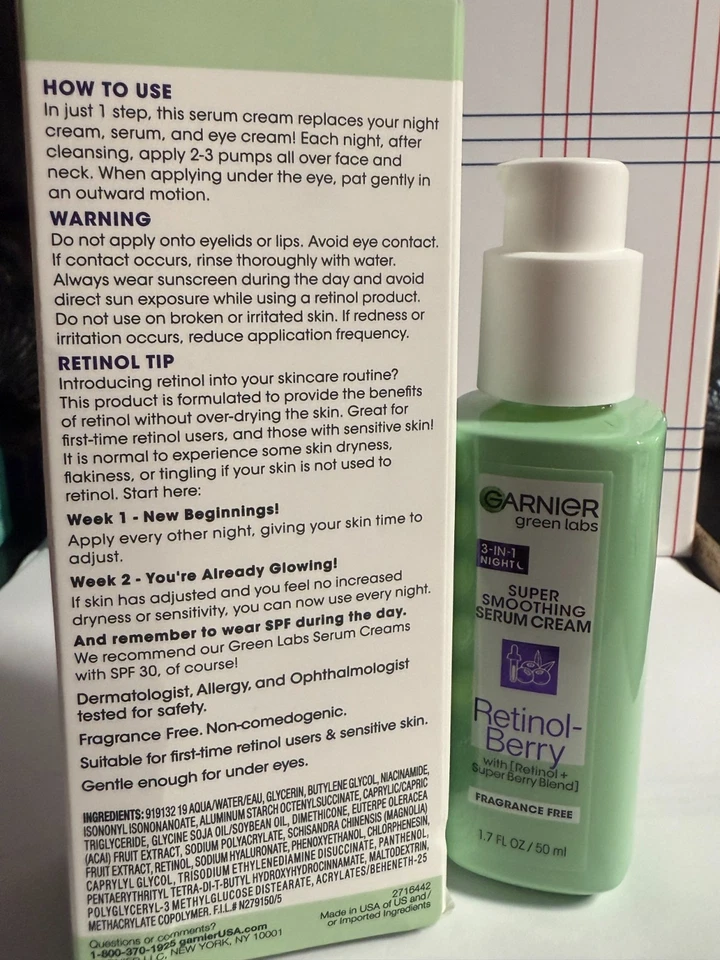 Garnier Green Lab 3in1 Night Super Smoothing Serum Cream Retinol Berry 1.7oz NIB - Image 3 of 4