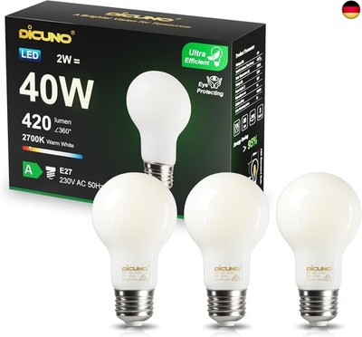 DiCUNO Edison LED Lampe E27, Classic ultraeffiziente Birne, A Label, 2W, Ersatz