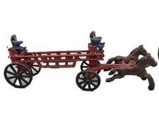 ANTIQUE Cast Iron Horse Drawn Vintage Fire Truck Firemen Buggy Horses Loose Vtg