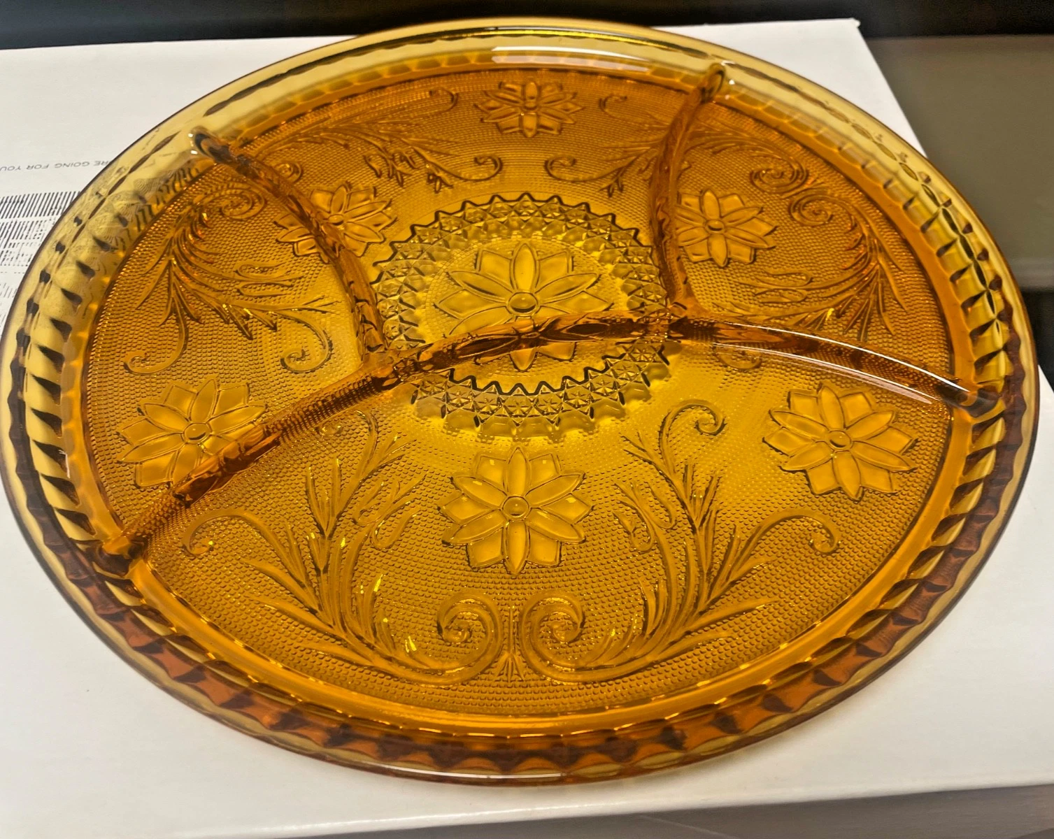 Vintage Tiara ornate Amber glass Divided 10” Serving platter Plate Relish Dish