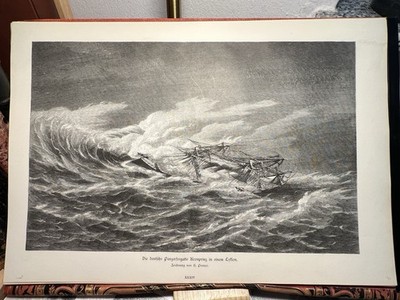 Tank Frigate Crown Prince WOOD ENGRAVING 1886 Storm Sea Ship Disaster Picture Art
