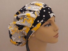 Bouffant/Ponytail Combo Scrub Hat - Black Yellow Floral