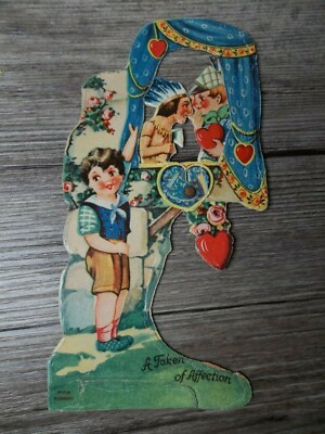 Vintage Valentine card Made Germany mechanical kissing Romeo & Juliet 1933    2D
