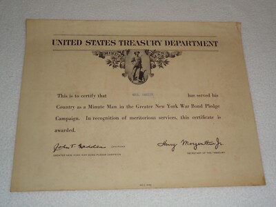 New York War Bond Campaign Minute Man 1940s Treasury Department Certificate