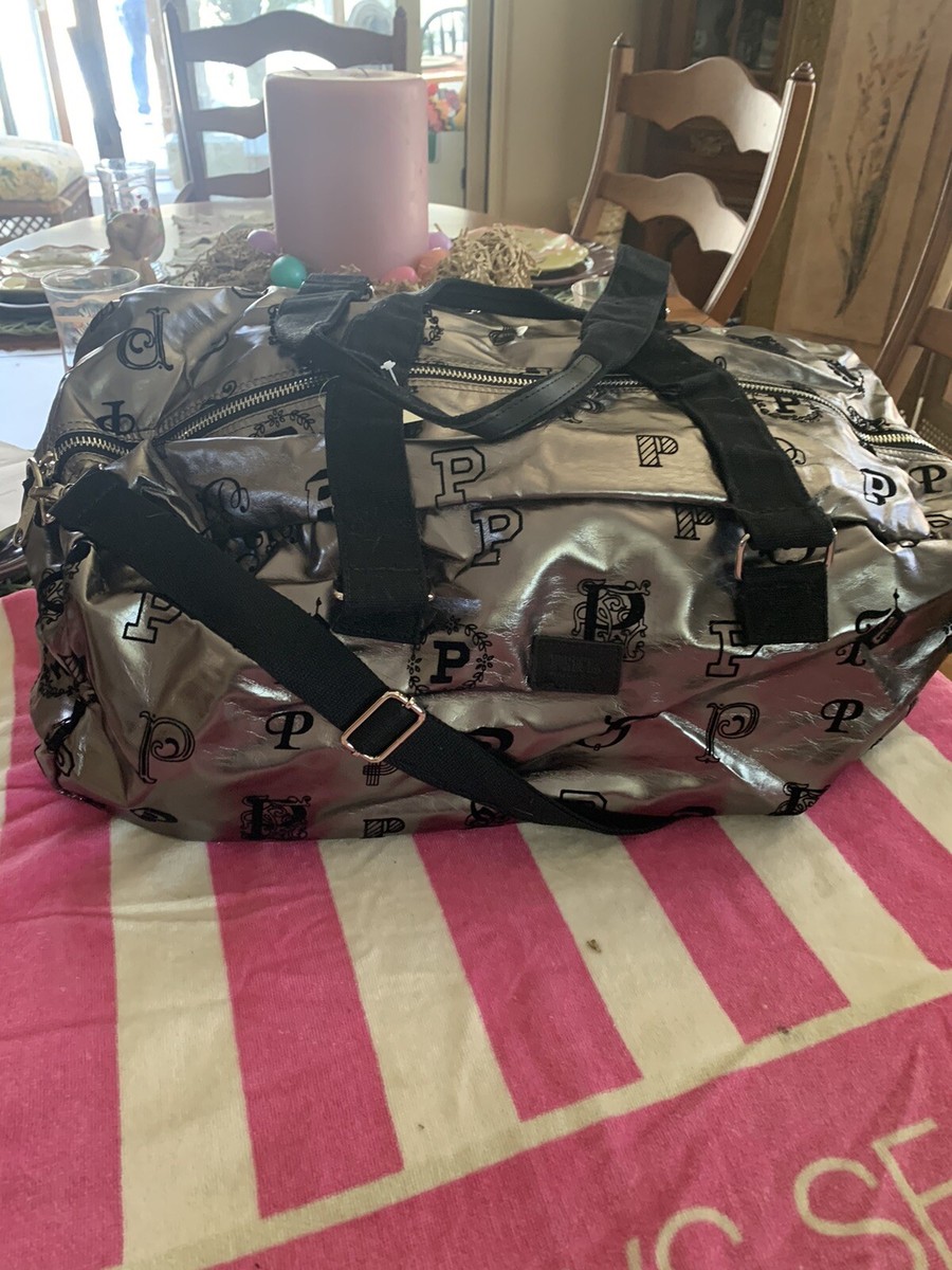 Victoria's Secret PINK Duffle Bag Black Holographic silver Monogram Logos  NEW
