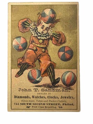 VICTORIAN JEWELER S TRADE CARD John Sandman Table/Pocket Cutlery Phila Clown B68