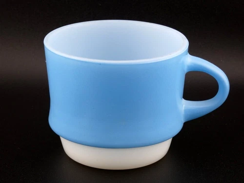 Vintage Fire King Blue and White Mosaic Short Stacking Milk Glass Mug USA