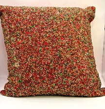Pier One Holiday Christmas Beaded Throw Pillow 12" X 12" w/ Red Satin Backing