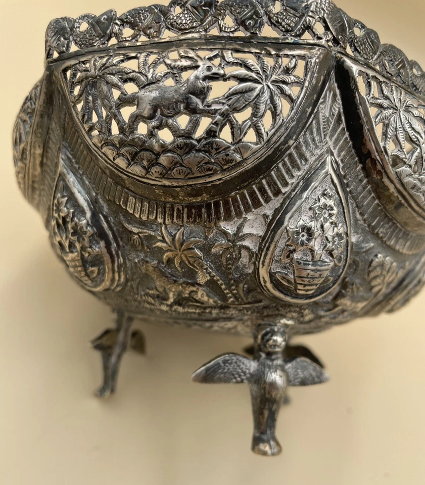 Antiguo cuenco fino indio asiático con patas de plata maciza perforado trabajo abierto 182 g Foto 4 de 4