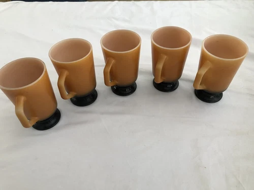 5 Vintage Fire King Coffee Cup  Pedestal Mugs Autumn Orange Black Milk Glass