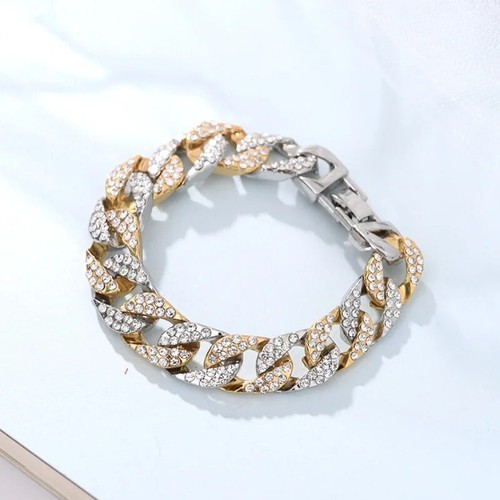Mens Gold Silver Two Tone Bracelet Chain Stainless Steel Cuban Link CZ Gemstones - 第 1/5 張圖片