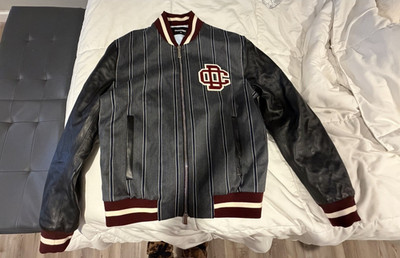 DSQUARED2 Men's Varsity Jacket Gray Striped Leather Sleeves Full Zip Size 52