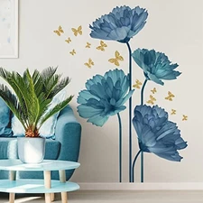  Large Blue Flower Wall Decals Butterfly Floral Wall Stickers Backdrop for 