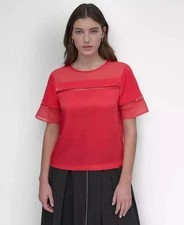 DKNY Crewneck Ladder-Lace-Inset Short-Sleeve Top Women's L Coral Crush Pullover