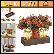 3 Pcs Mason Jar Centerpiece Decor with LED Lights Wood Tray - Rustic Farmhouse