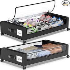 2 Pack Black Under Bed Storage with Wheels and Clear Lids for Clothes Blankets
