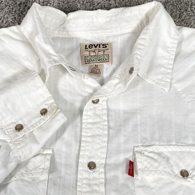 Levis Mens Western Pearl Snap White Striped Cotton Shirt Sz Medium Vintage *READ