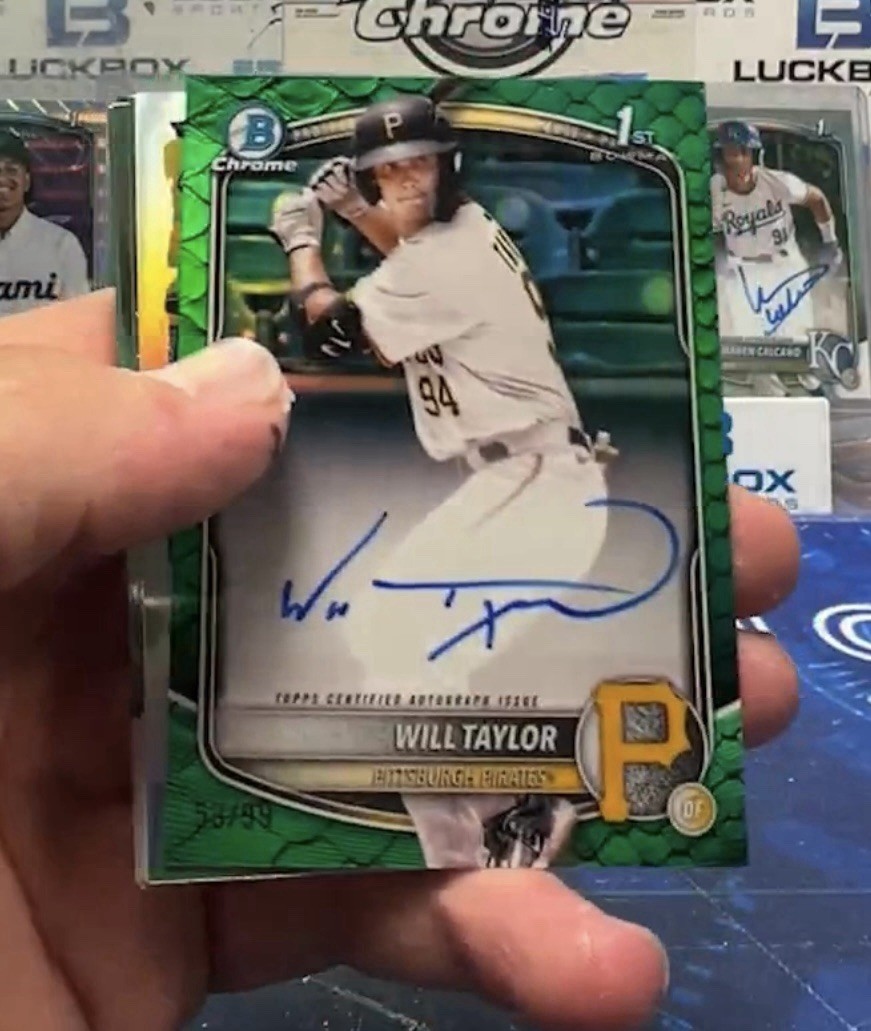 Will Taylor 2025 Bowman Chrome 1st AUTO Green Reptilian /99 Pittsburgh Pirates