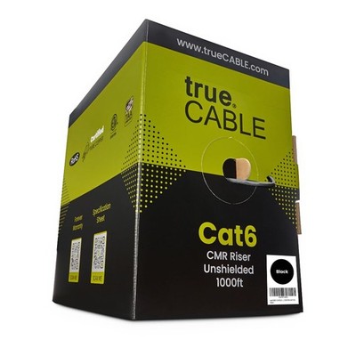 trueCABLE Cat6 Riser (CMR), 1000ft, Black, 23AWG 4 Pair Solid Bare Copper, 550MH