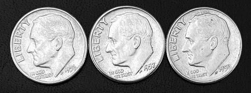 Lot of (3)  SILVER Roosevelt Dimes.  1956-P, '57-P and '59-P   XF to AU (R001)